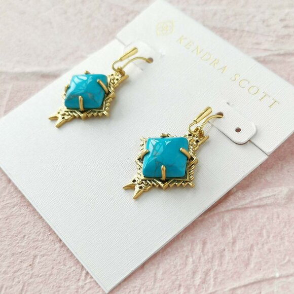 Kendra Scott Cass Variegated Dark Teal Vintage Gold Earrings - Picture 2 of 3